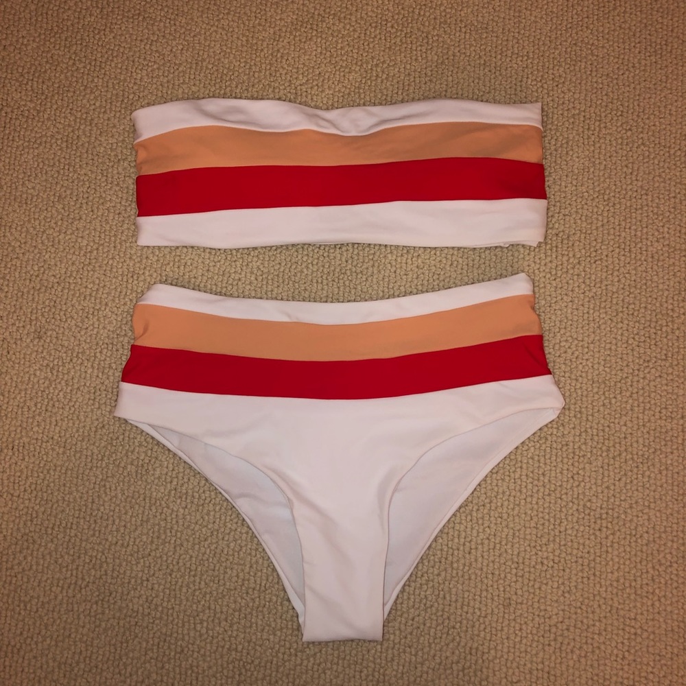 Striped strapless top and high waisted bottoms